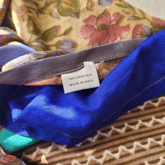 Vtg Silk Wrap Maxi Skirt Reversible Floral Yellow Multi India Sari Boho One Size - Picture 9 of 15